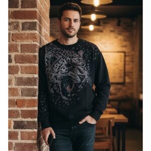 All Saints Black Leopard Graphic Men's Sweater